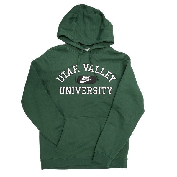 green hoodie with “Utah Valley” arching over “University” with a black and white nike logo in the middle all above the large front pocket
